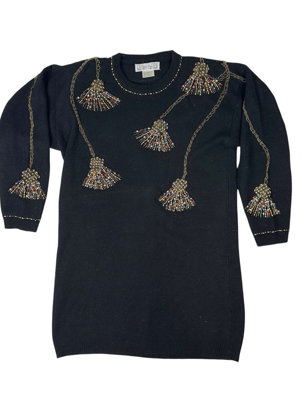 Vintage Vivien Forest Black Beaded Tassel Long Knit Sweater LambsWool 80s 90s